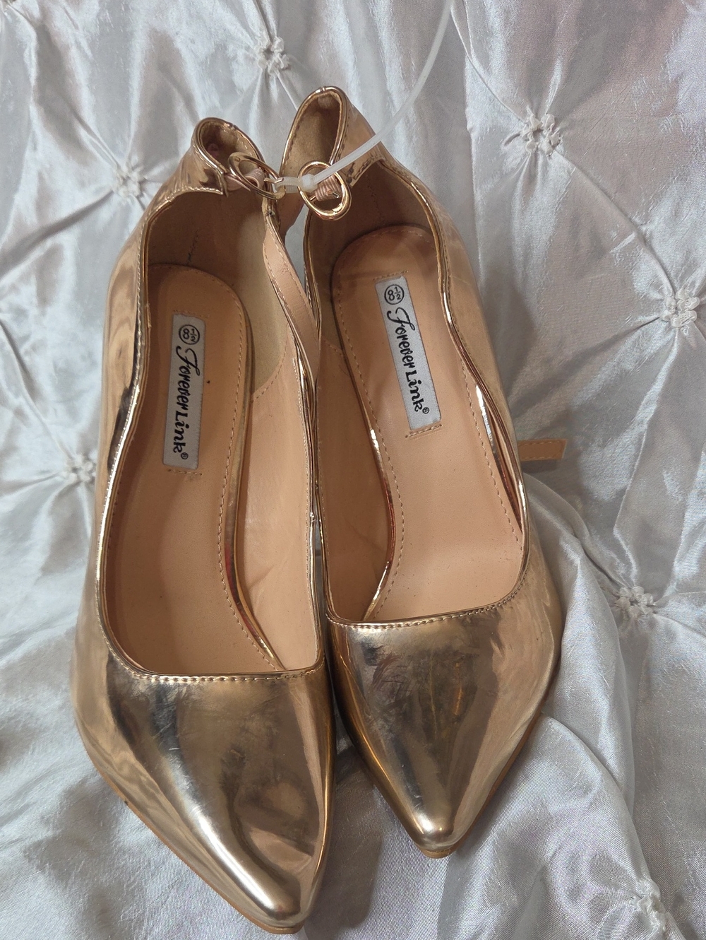 Forever Link Women's Shiny Gold Pointed-Toe Ankle-Strap Heels